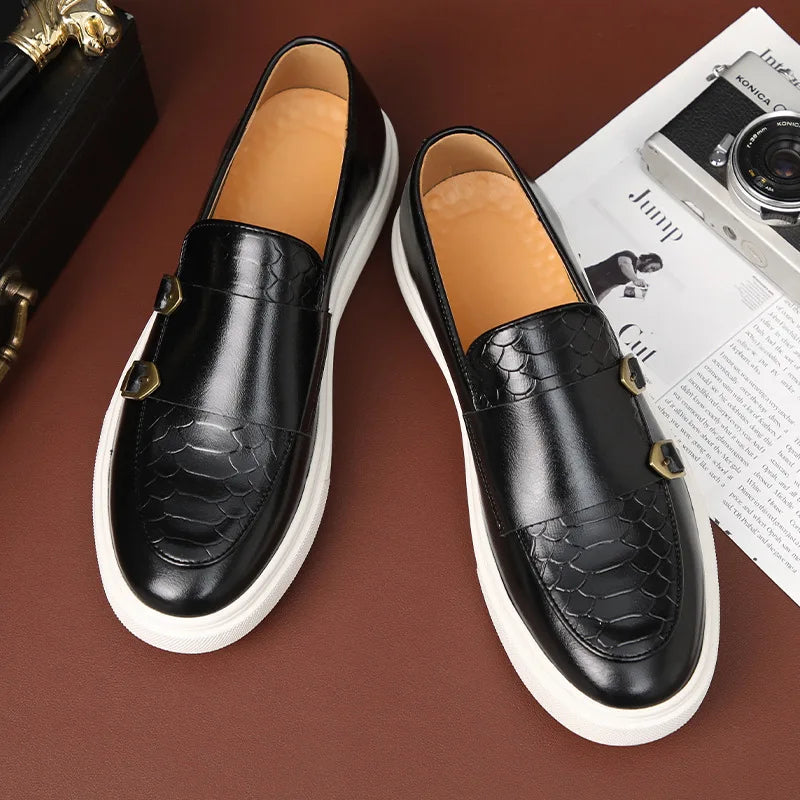New Fashion Men Crocodile Pattern Monk Strap Thick Bottom Lace Up Shoes Male Casual Loafers Formal Dress Footwear Zapatos Homre