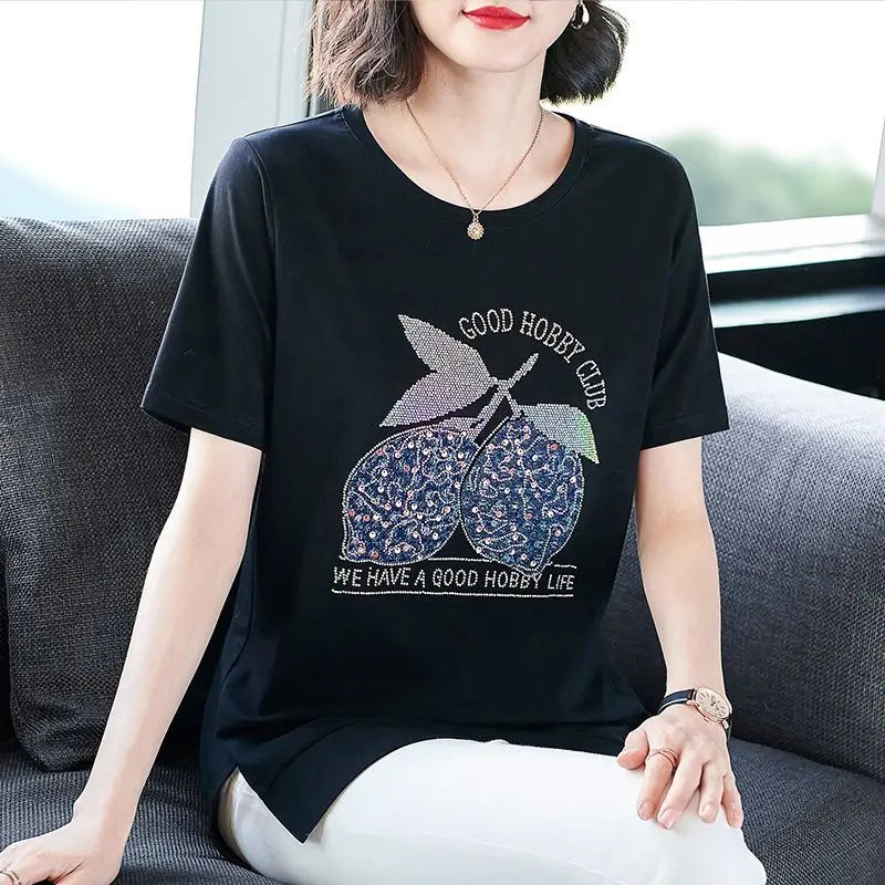 Fashion O-Neck Short Sleeve Sequined Diamonds Letter T-Shirts Women's Clothing 2024 Summer Loose Casual Tops Commuter Tee Shirt