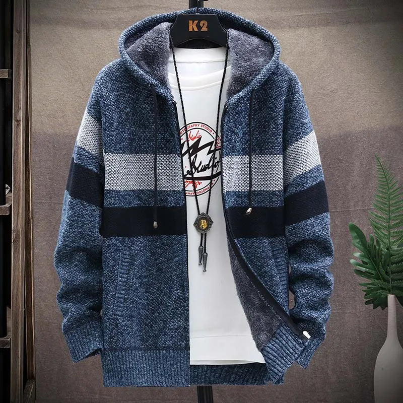 Men's Striped Sweater Coat Thick Fleece Warm Zipper Wool Hooded Cardigan Jumpers Men Long Sleeve Knitted Sweaters