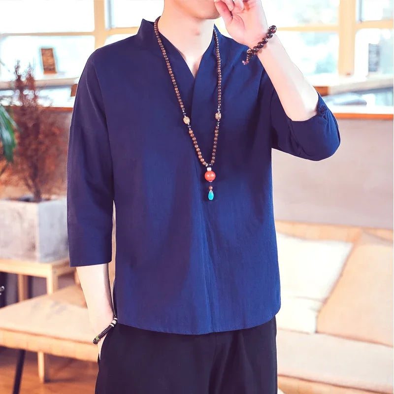 Summer Short Sleeve Men New Half-sleeved Cotton Linen Breathable Men Clothing T-shirt Tops - mon
