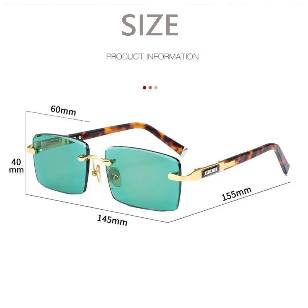 Retro Frameless Men's Sunglasses Green Crystal Stone Leopard Print Cycling Goggles Metal UV Protective Driving Sun Glasses 2025