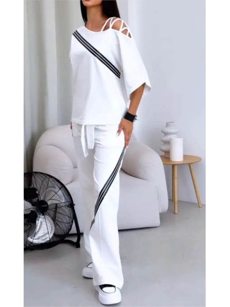 Spring Summer Women Fashion Two Pieces Sets 2025 New Off-the-shoulder Loose Short Sleeve Top And Pants Suits Outfits Clothing