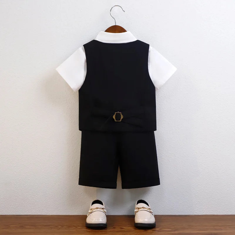 Kids Cool Vest Shirt Shorts Bowtie Ceremony Costume Boys Silm Fit Wedding Dress Chilren's Host Performance Costome