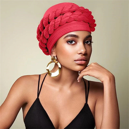 Solid Color Double Braids Turban Cap Women Rippled Muslim Headwear Braid Hat Islamic Female Head Wrap Bonnet Turbante Mujer