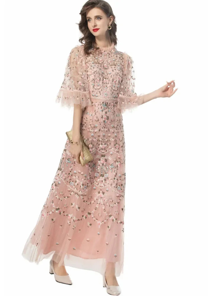 4xl 3xl 2xl Long Evening Dress Women Allover Luxurious Embroidery Flare Sleeve Long Black Grey Apricot Maxi Dress