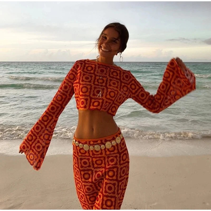 EINY Crochet Hook Knitted Hollow Out Skirt Suit Women Long Sleeve O-neck Crop Top High Waist Skirts 2 Pics Summer Lady Beachwear