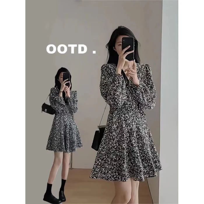 2024 Summer Autumn Clothes Large Size Women's Clothing Fashion Short Dresses Petite V-neck Floral Long Sleeve Black Dresses Traf
