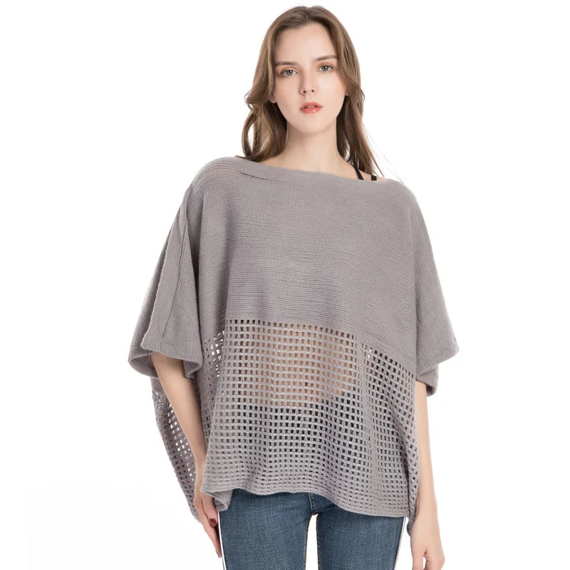 Women Spring Autumn Shawl Lady Knit T-shirt Hollow Out Wrap Solid Color Pullover Loose Sweater Fall Poncho Wholesale Drop Ship