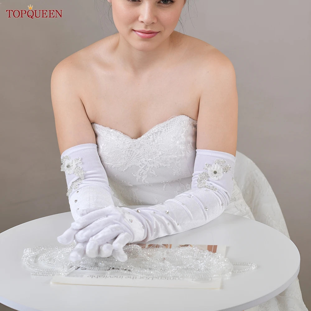 TOPQUEEN Elegant Bridal Gloves Crystal Beaded 3d Pearl Flower Long Gloves Elbow Length Wedding Accessories T24