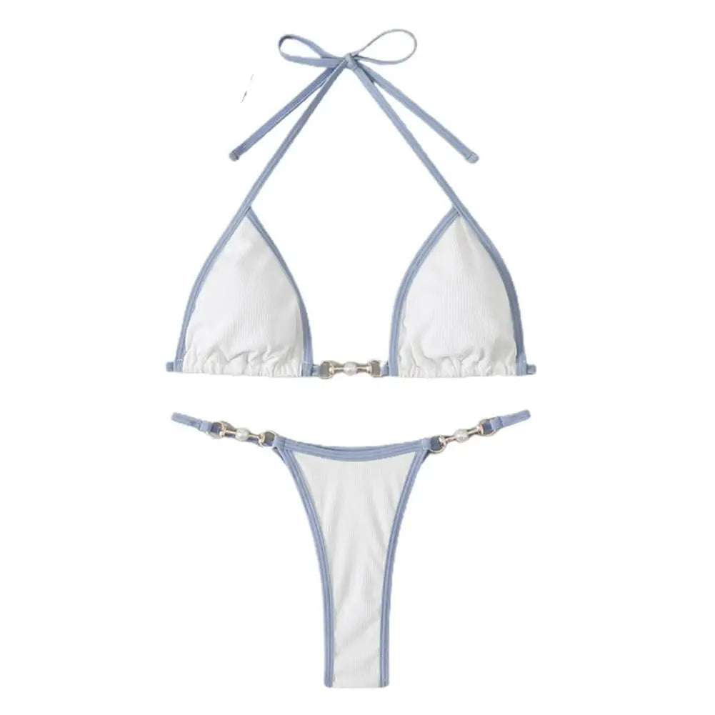 Women Bikini Set Contrast Color Halter Neck Three-point Pearl Deep V Neck Swimming Suit Bathers Women Micro Thong Bikinis