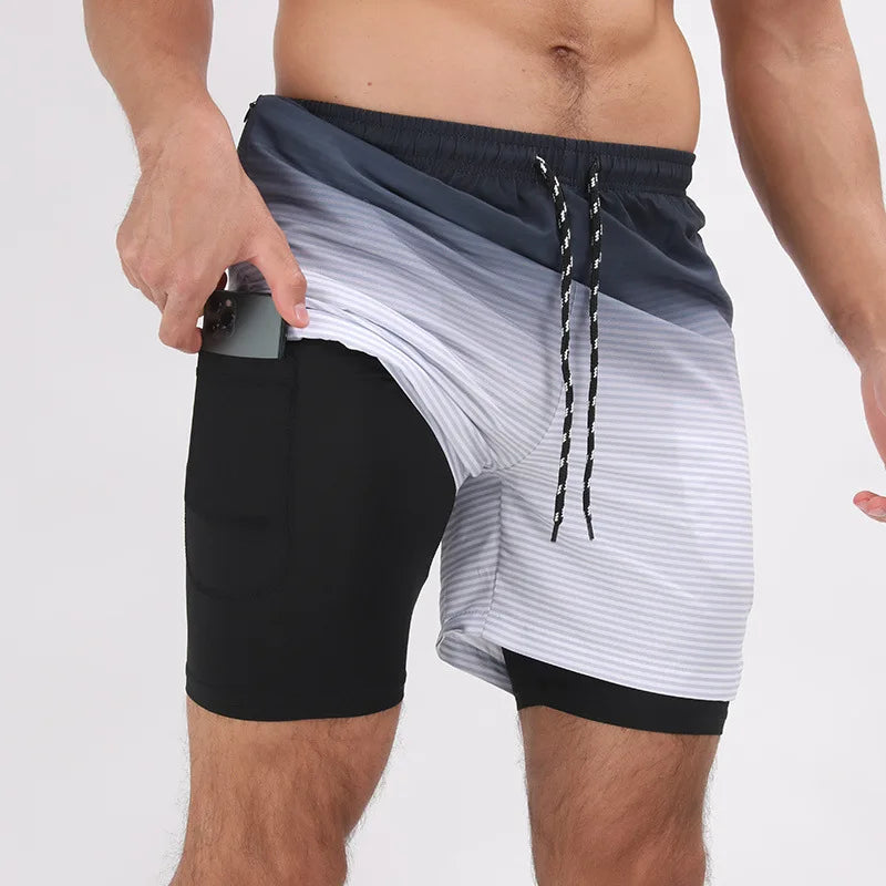 Summer Shorts Men Double Layer Beach Wear Surf Swimming Sportswear Fitness Loose Shorts Casual Trouser New Swimwear