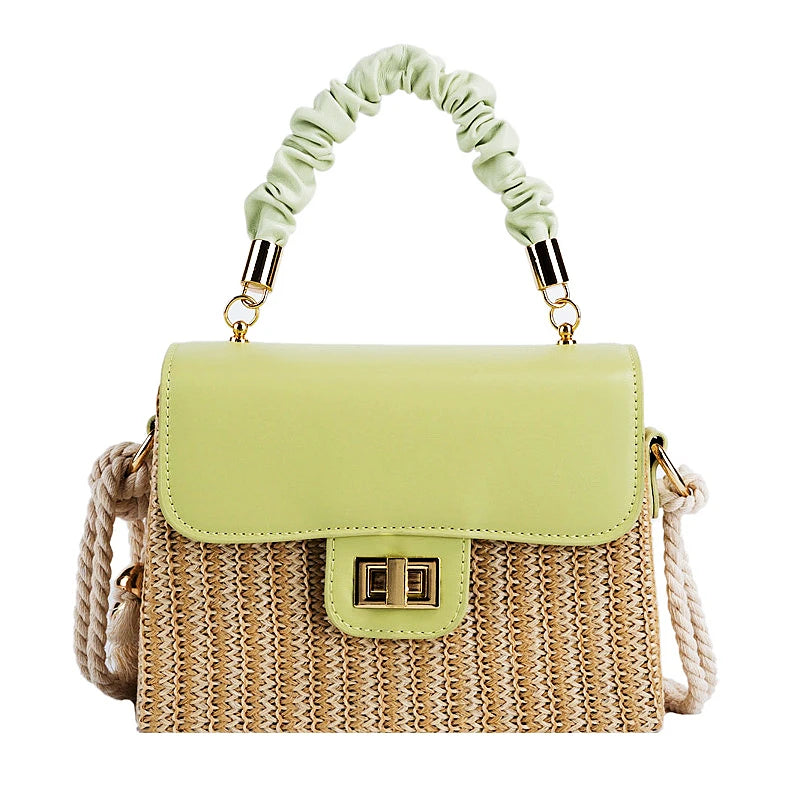 Straw Beach Bag for Women Summer Pleated Handle Luxury Designer Bag Contrast Color Crossbody Purse and Handbag Lady Bolsos