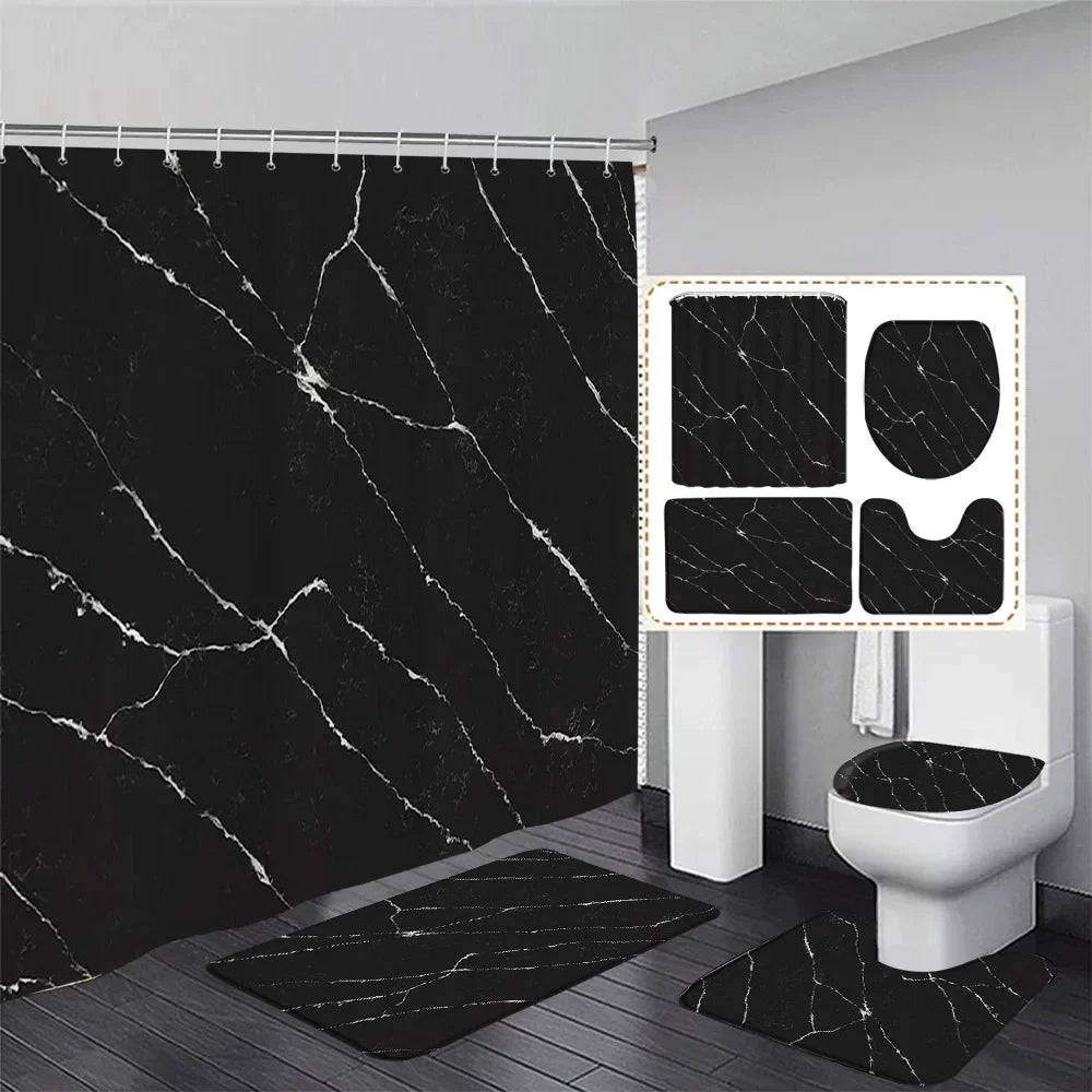 Black Marble Shower Curtain Set White Lines Cracked Pattern Modern Geometric Bathroom Decor Non-slip Rug Bath Mats Toilet Cover home improvement