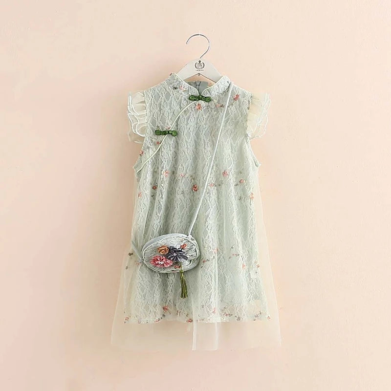 Summer 3 4 5 6 7 8 9 10 11 12 Years Fly Sleeve Lace Cheongsam Dresses With Bag For Kids Girls