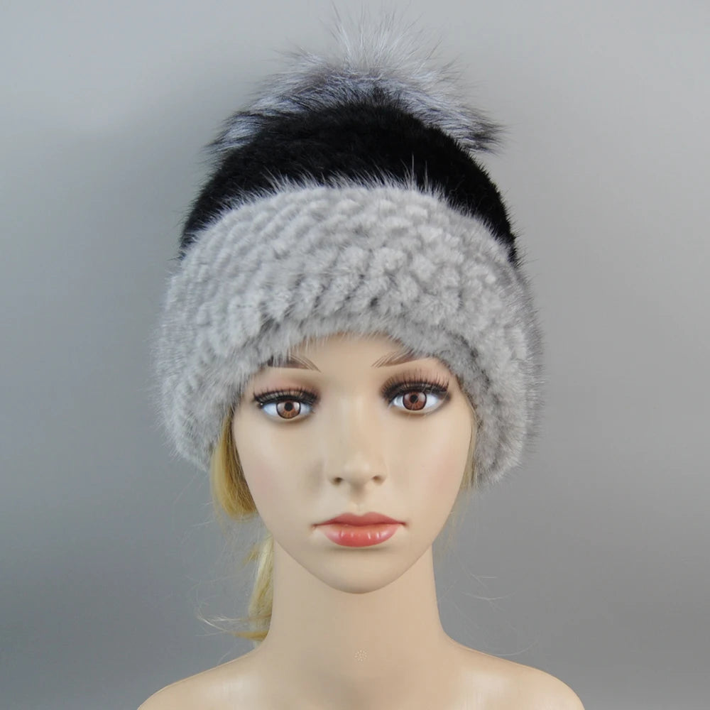 Real Mink Fur Hat For Winter Women Imported Knitted Mink Cap With Fox Fur New Hot Sale High Quality Women Beanies Hat