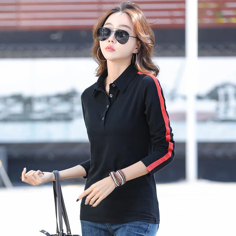 HI-FASHION Women Cotton Shirt Korean Casual Office Female Blouse Tops Spring Lapel temperament Long Sleeve Slim woman tshirt