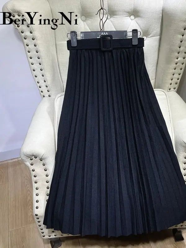 Beiyingni Women's Skirt Belt Casual Fashion Midi Long Pleated Skirts Ladies High Waist Retro Spring Summer Faldas Female 2025