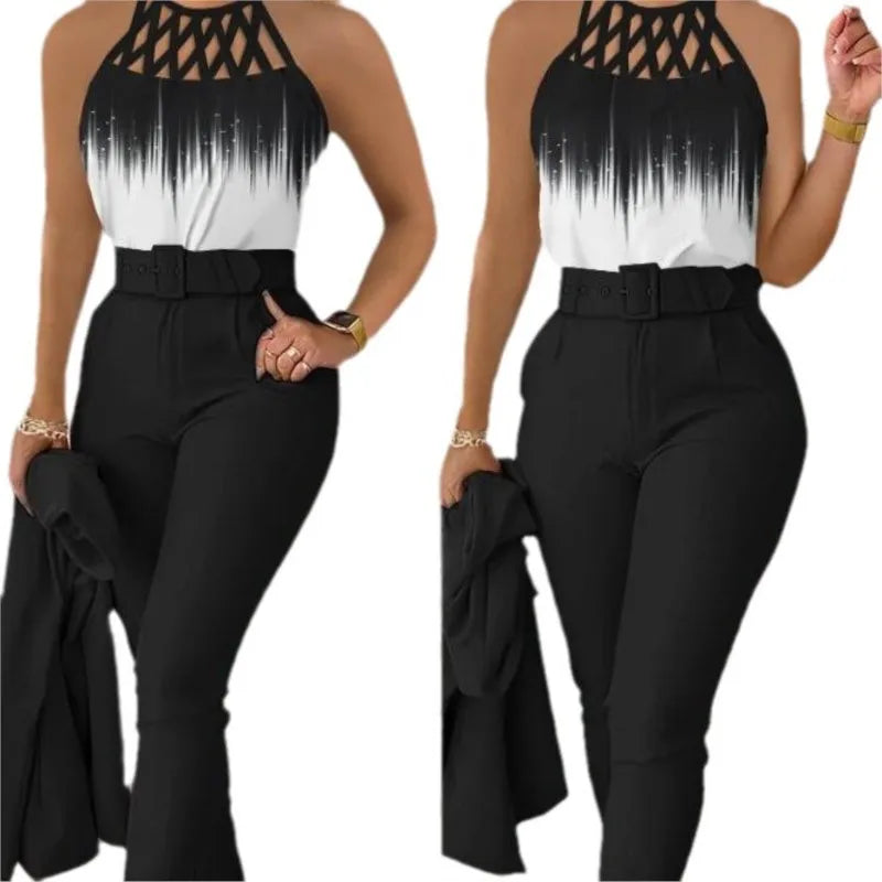 Elegant Women's Two Piece Set Suit Autumn Summer Fashion Print Hollow Out Sleeveless Tops Black Petite Pants Two-piece Set Women