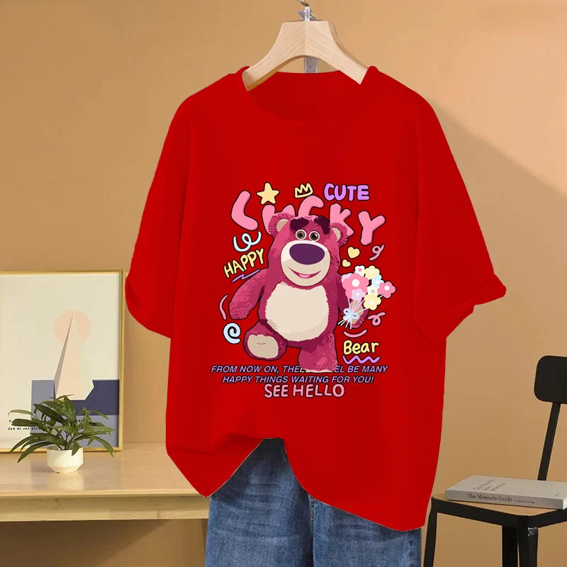 Lotso Bear Cartoon Anime Women T-shirt Summer Short Sleeve Men Tee Shirts 100% Cotton 2025 New Fashion Couple Clothes Tops