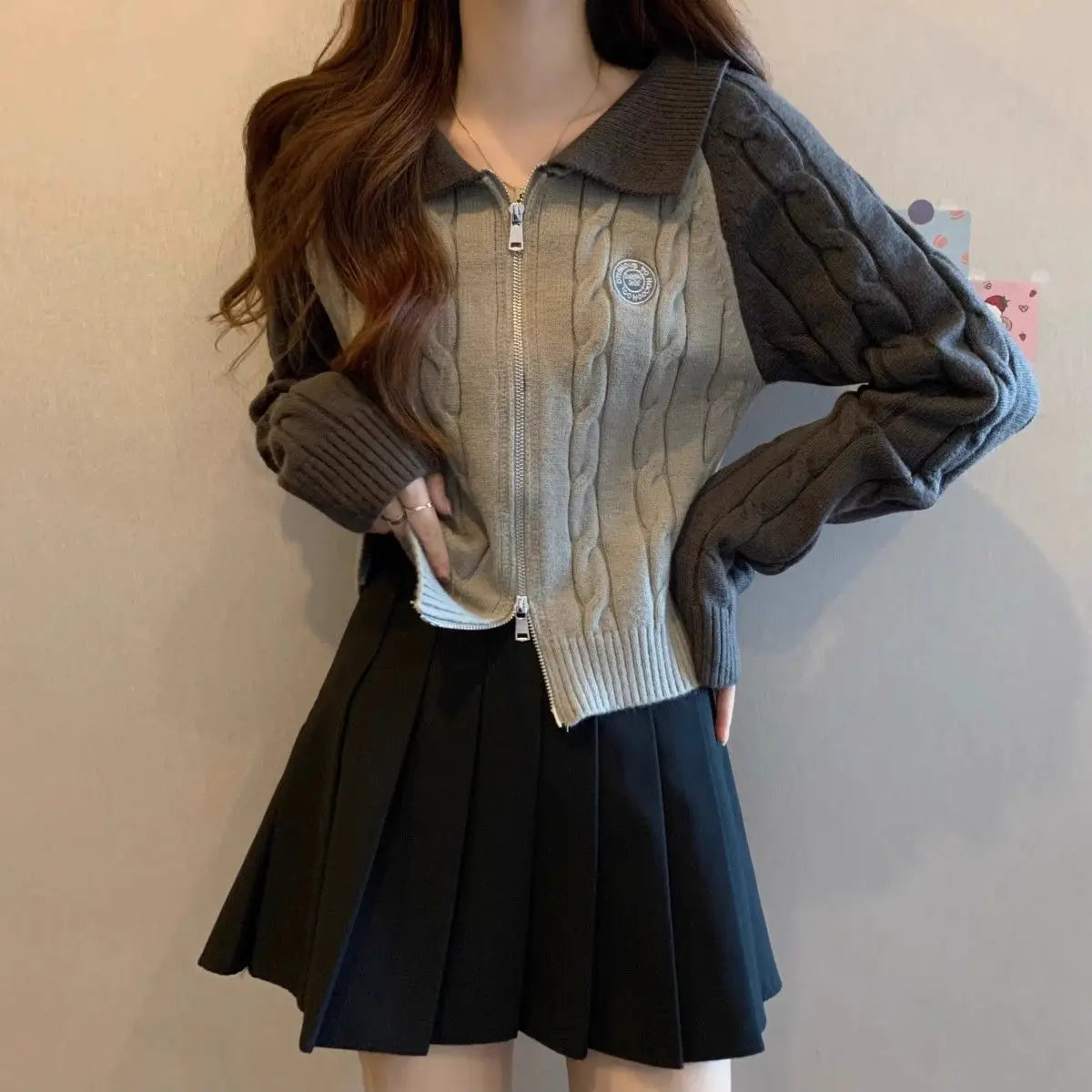 Color Blocking Design Knitted Sweater Women's Short Base Sweater Double Zipper Sweater Cardigan Top