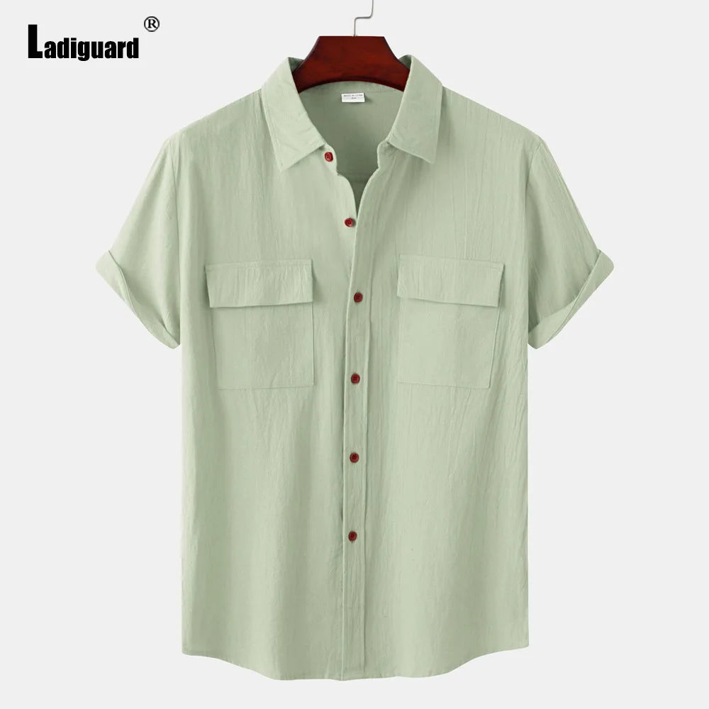 Men Short Sleeve Linen Shirts ,Black Soft Blouse Vintage Casual Stand Pocket Tops mon