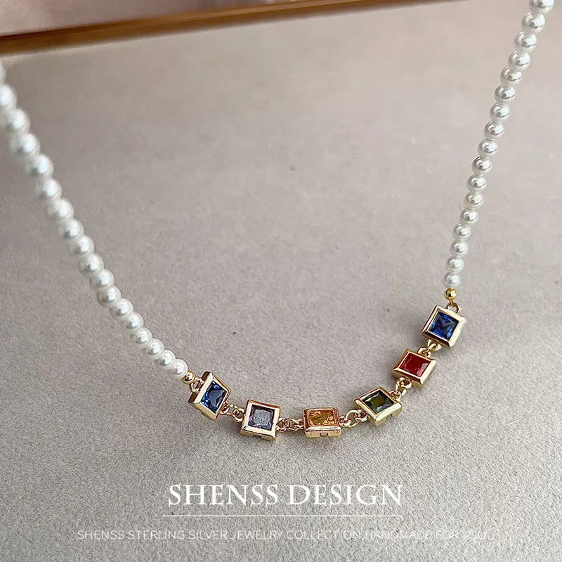 Imitation Pearl Square Zircon necklace Copper Plated 14k Gold Accessories
