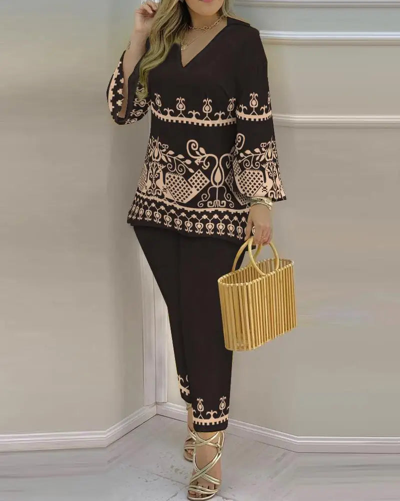 2025 Ladies' Checkered Print Suit Summer Long Sleeve V-neck Polyester Printing Two Pieces Sets Top And Long Pant Clothes Women