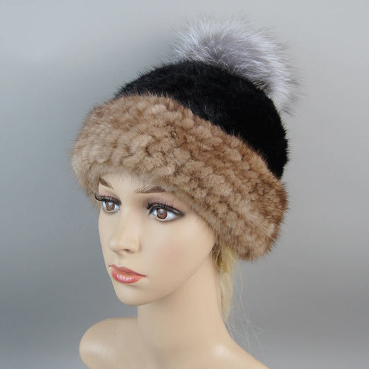 Real Mink Fur Hat For Winter Women Imported Knitted Mink Cap With Fox Fur New Hot Sale High Quality Women Beanies Hat