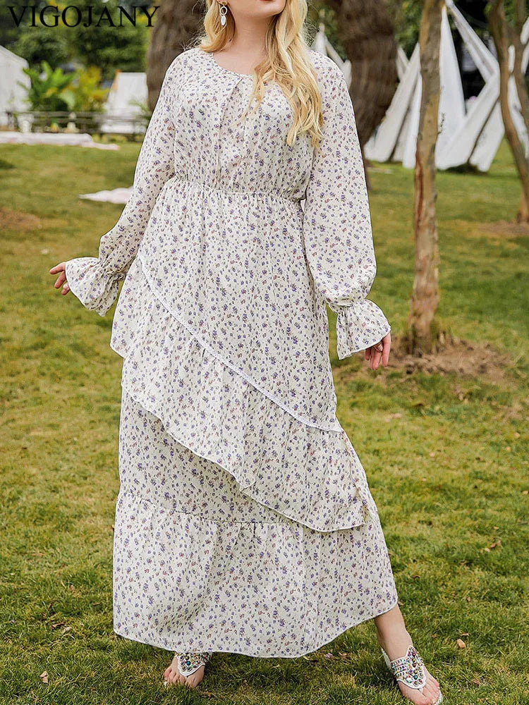 Vigojany 2025 Spring Autumn Ruffle Plus Size Dress Print Lantern Long Sleeve Loose Large Big Dress Lady Chubby Curvy Dresses
