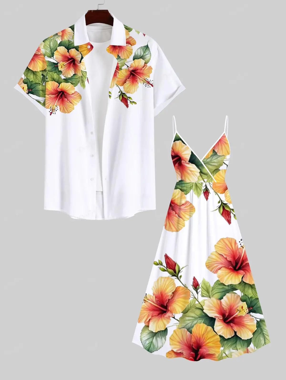 Matching Set Couples Clothes Hawaiian Casual Vacation Outfits, V Neck Women Cami Dress 3D Graphic Print Buttons Shirt For Men