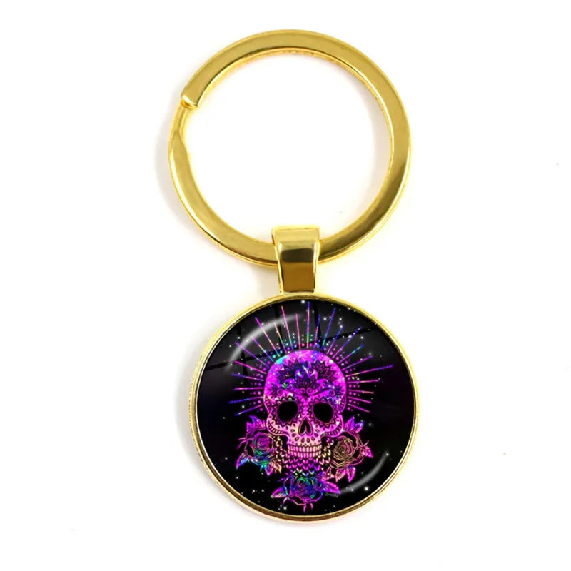 Fashion Colorful Sugar Skull Keychain Mexico Folk Art Patterns Glass Pendant Key Chain Jewelry Holiday Gift