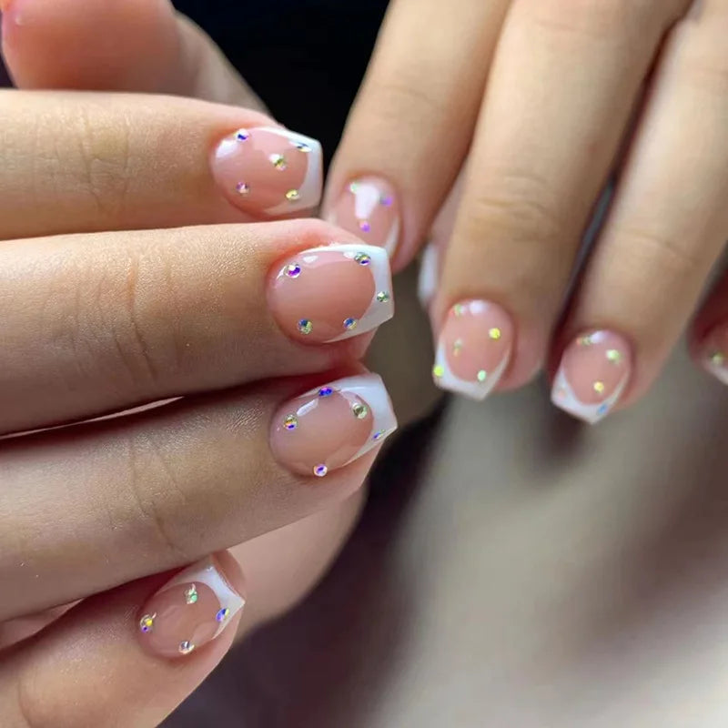24pcs Short Ballet White Simple French Tip Sweet Coffin Press on Nails Set Cheap Girls Summer Square Decorated False Nail Art