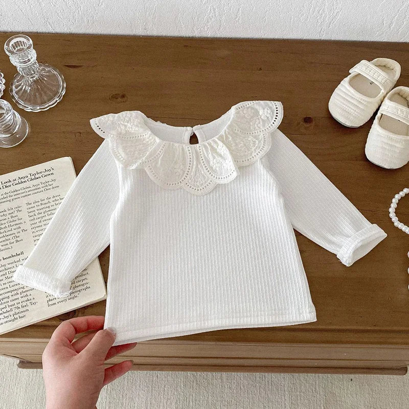 2024 Baby Herbst Kleidung Spitze Kragen Baby Tops Mit Langen Ärmeln Kinder Pullover Infant T Shirt für Mädchen Kleidung Kleinkind Bluse 0-2Y