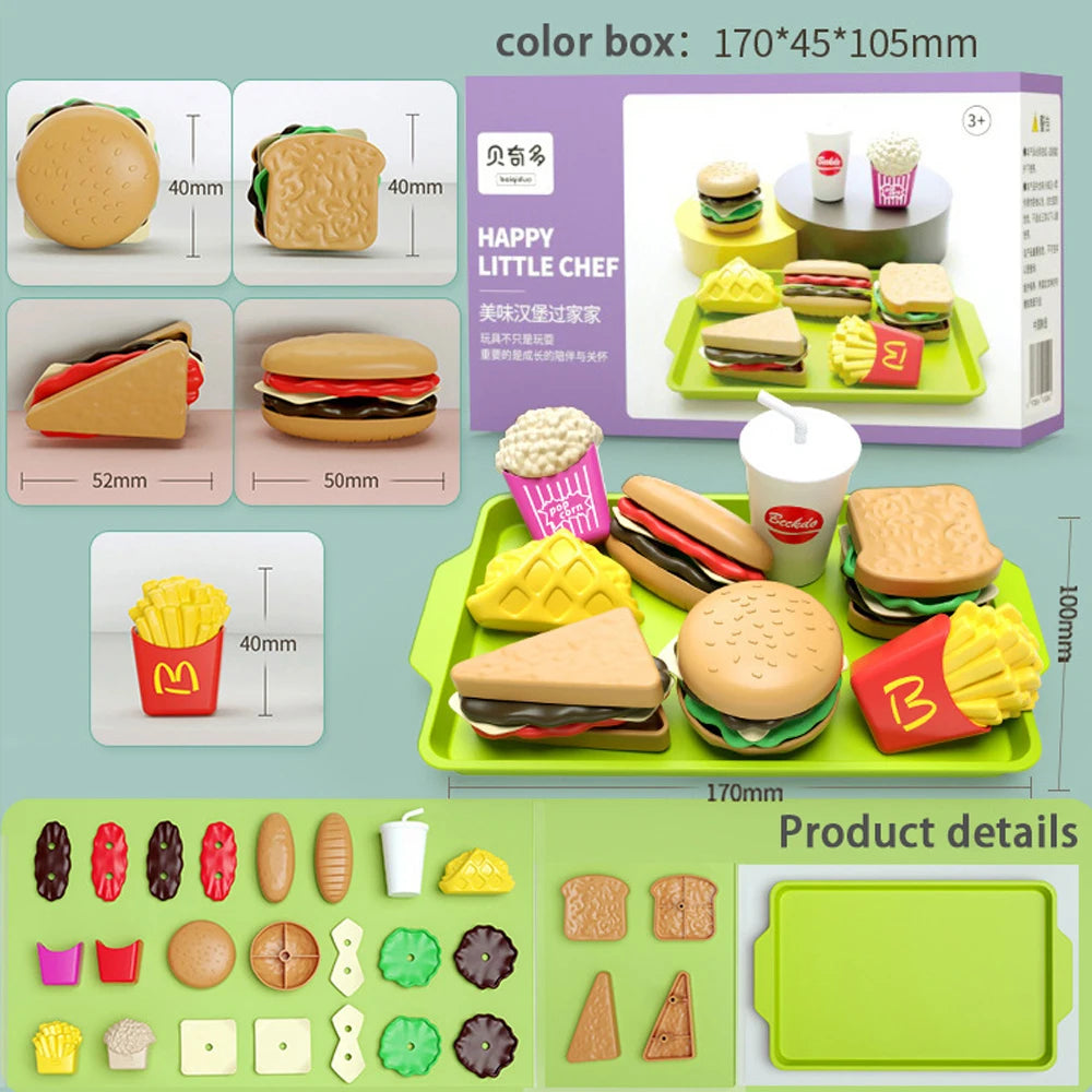 27pcs Baby Pretend Play Kitchen Kids Toys Simulation Hamburg Fries Food Role Play Montessori Educational Gift Toys for Girls