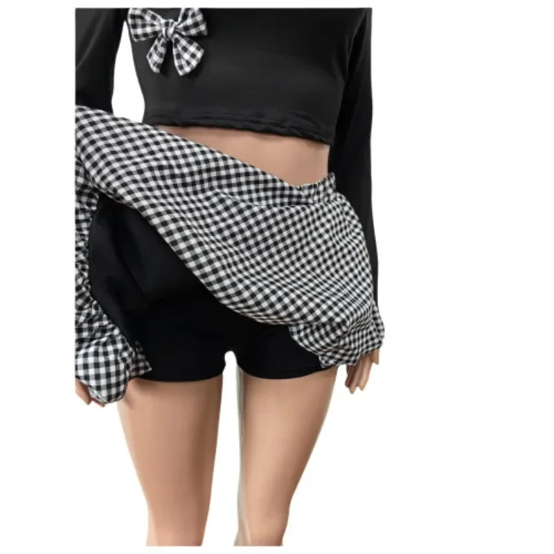Women Fashion 2 Piece Set Bow Decor O-neck Long Sleeve T-shirts Crop Tops + Mini Plaid Puffy Shorts Skirts Casual Street Suits
