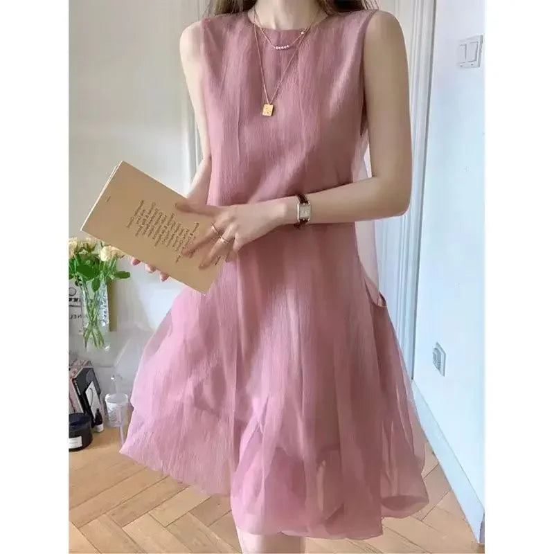 2025 Spring Autumn Fashion clothes O Neck Women's Clothing Sleeveless All Match Sweat Solid Chiffon Female Clothes Korean Style Dresses