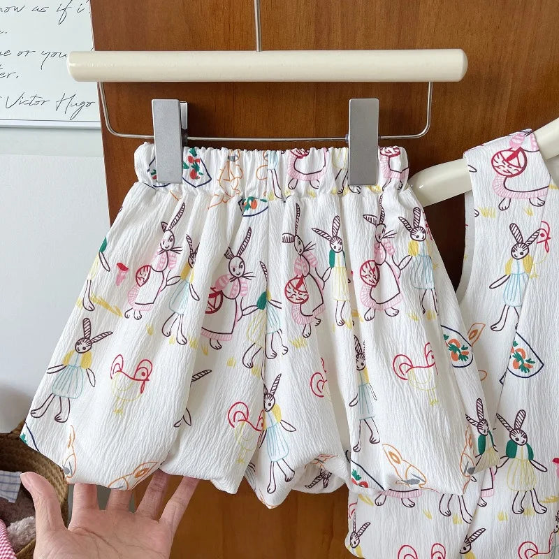 Girls Suits Summer Sleeveless Cartoon Vest Shirt+Shorts Fashion Korean Girls Dress Baby Girl Dress Kids Clothing Sets 2-7Yrs
