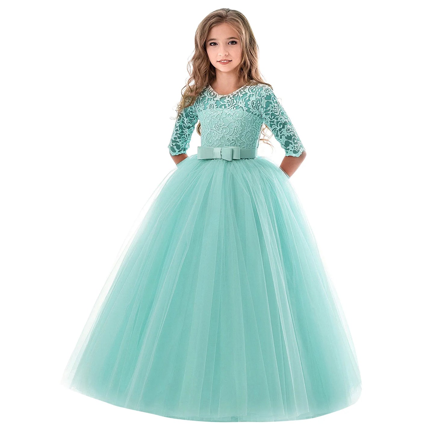 Girls Lace Embroidered Bow Princess Dress Long Sleeve Tulle Gown For Toddler First Communion Bridesmaid Wedding Birthday Party
