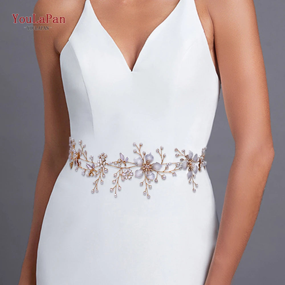 YouLaPan Wedding Dress Belt Alloy Floral Bridal Sash Belt Crystal Wedding Belts Bridal Ribbon