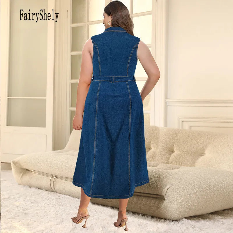 2025 Summer Button Plus Size Denim Dress Women Sleeveless Large Jean Dresses Ladies Big Turn-down Collar Split Curvy Long Dress