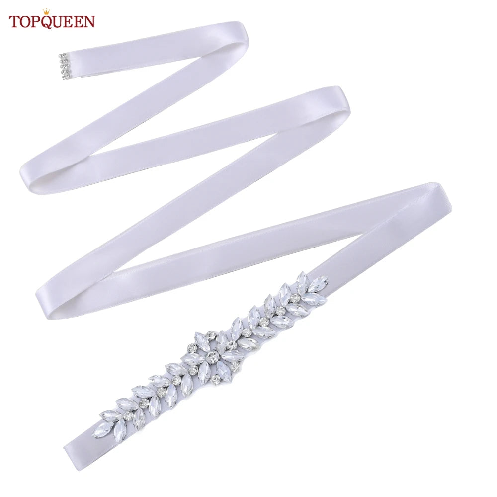 TOPQUEEN Wedding Dress Belt Sash Banquet Party Accessories Bridal Belt Silver Rhinestone Handmade Applique S69