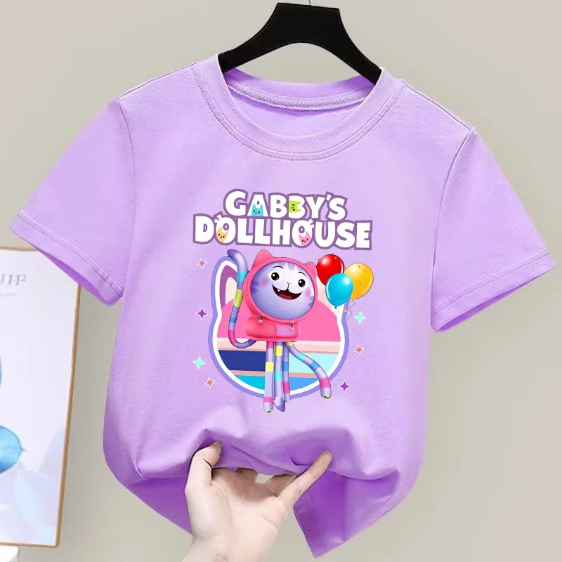 Gabby Dollhouse T-Shirt Anime Print Kleidung Mädchen Niedlich Cartoon Einfache Babykleidung Kind Lila Sommer T-Shirt Kinder Geburtstagsgeschenk