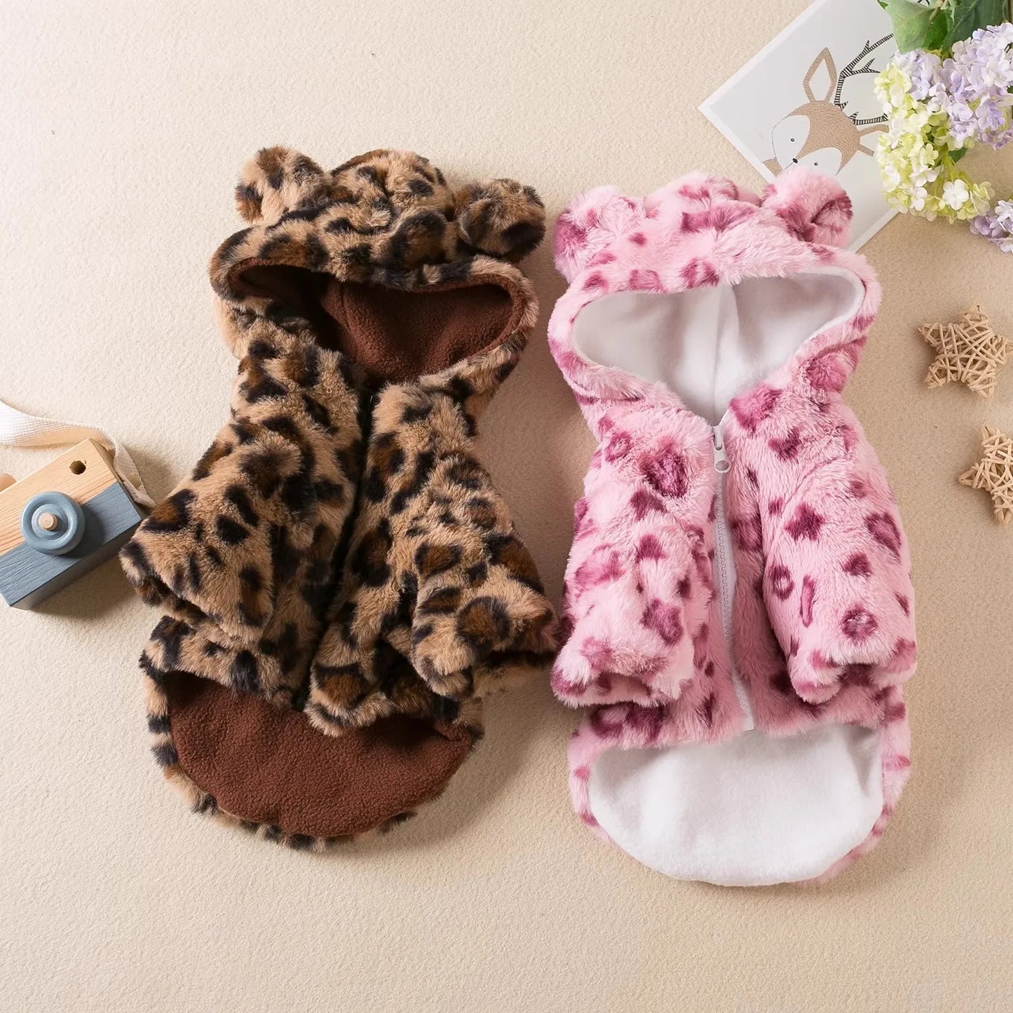 Hundekleidung, Frühlings- und Herbstkleidung, Kapuzenmäntel mit Leopardenmuster, Katzenkleidung, verdickte Teddyschnauzer, Zwergspitze, Haustierkleidung