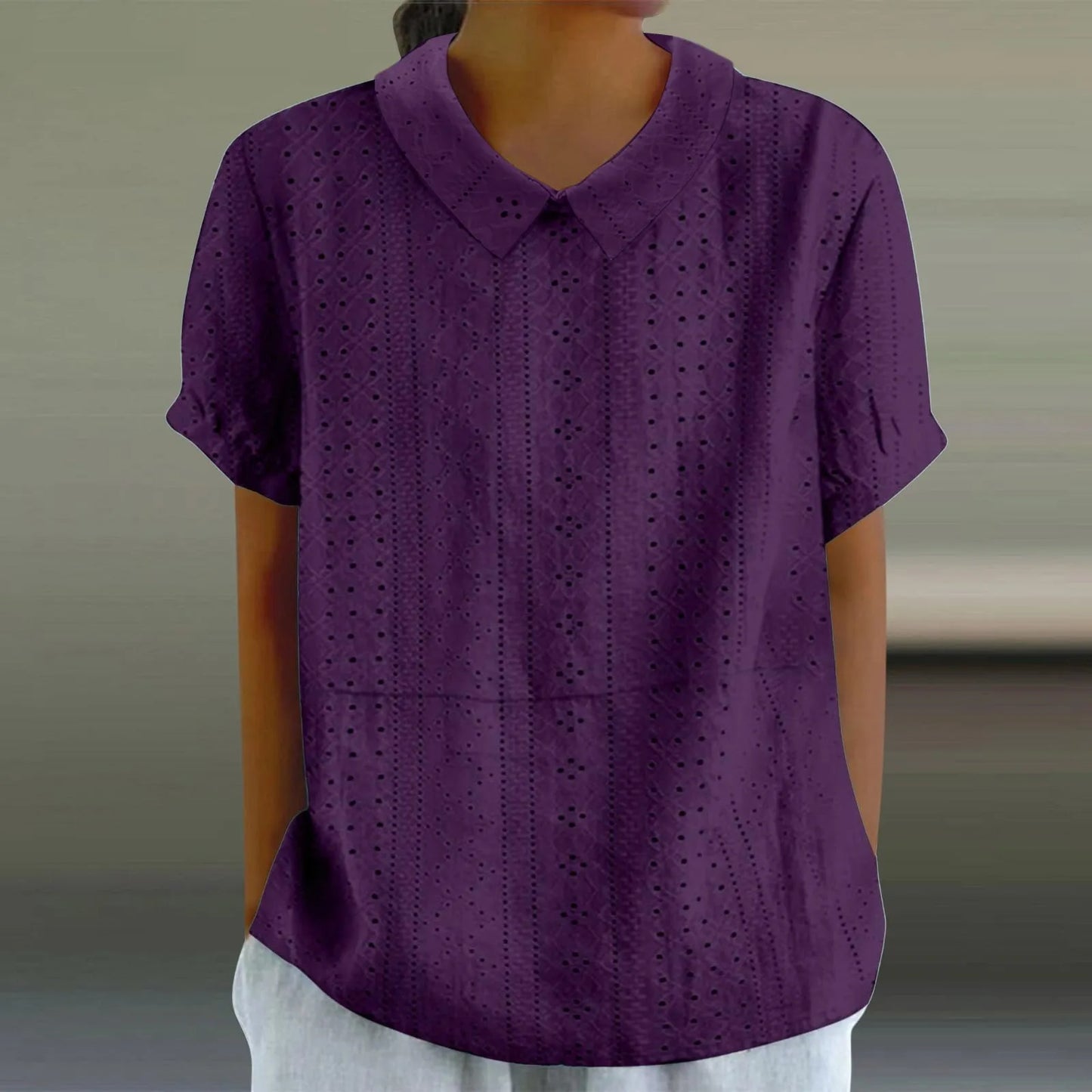 Elegant Hollow Turn-Down Collar Blouse Shirt Top Button Short Sleeve Women Blouse Casual Summer Fashion Female Tops
