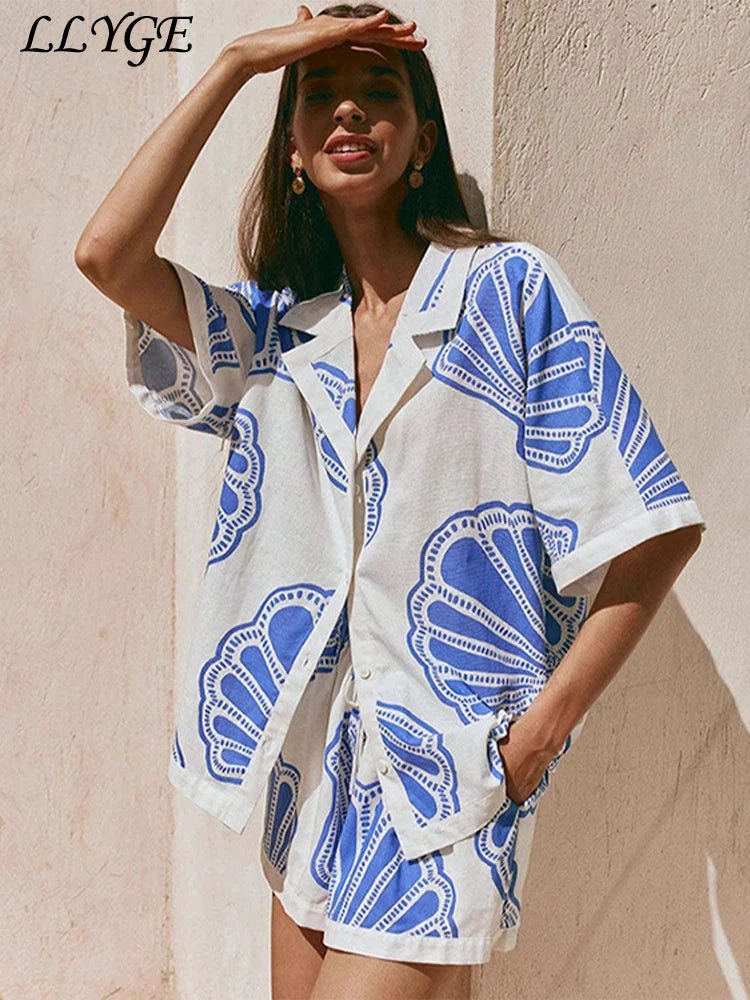 Casual Printed Lace Up Women Shorts Suits Turn-down Collar Single Breasted Shirt Mini Shorts 2025 Summer New Fashion Lady Sets