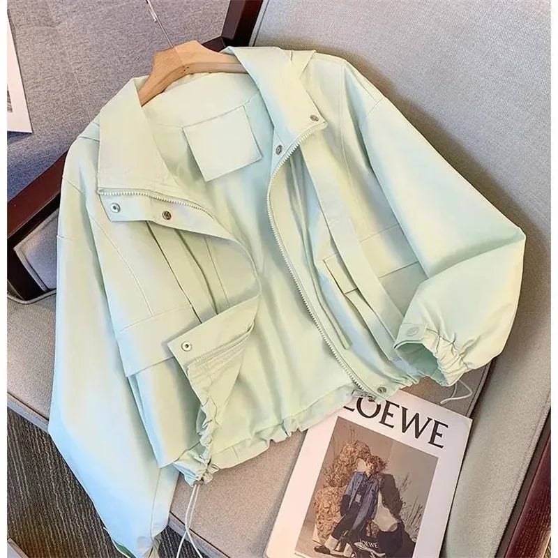 2025 New Spring Autumn Coat Women Cropped Hooded Jacket Casual Thin Loose Clothes Windbreakers Female Tops Outerwear Overcoat