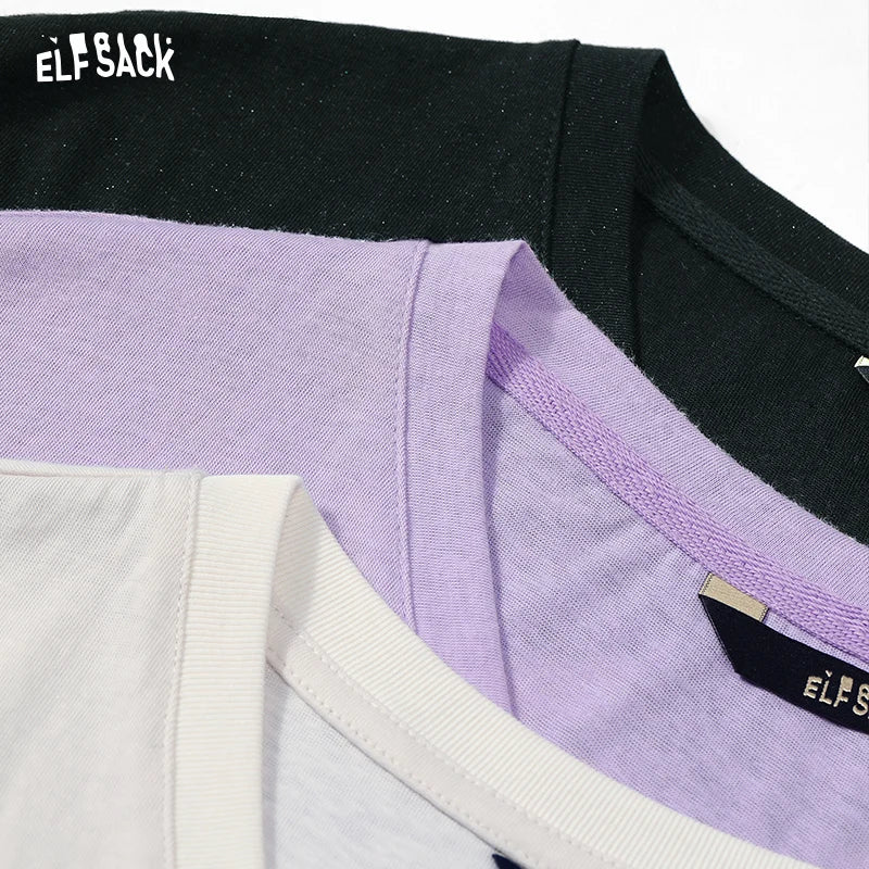 ELFSACK 2024 summer new arrival V-neck shiny letter print casual petite short-sleeved T-shirt for women clothes