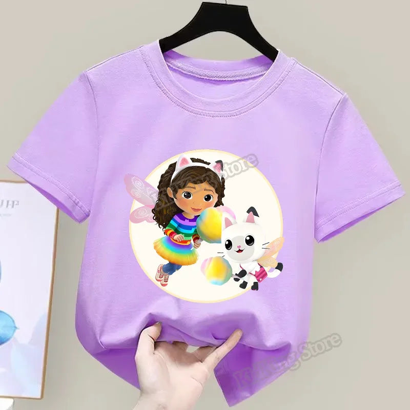 Gabby Dollhouse T-Shirt Anime Print Kleidung Mädchen Niedlich Cartoon Einfache Babykleidung Kind Lila Sommer T-Shirt Kinder Geburtstagsgeschenk