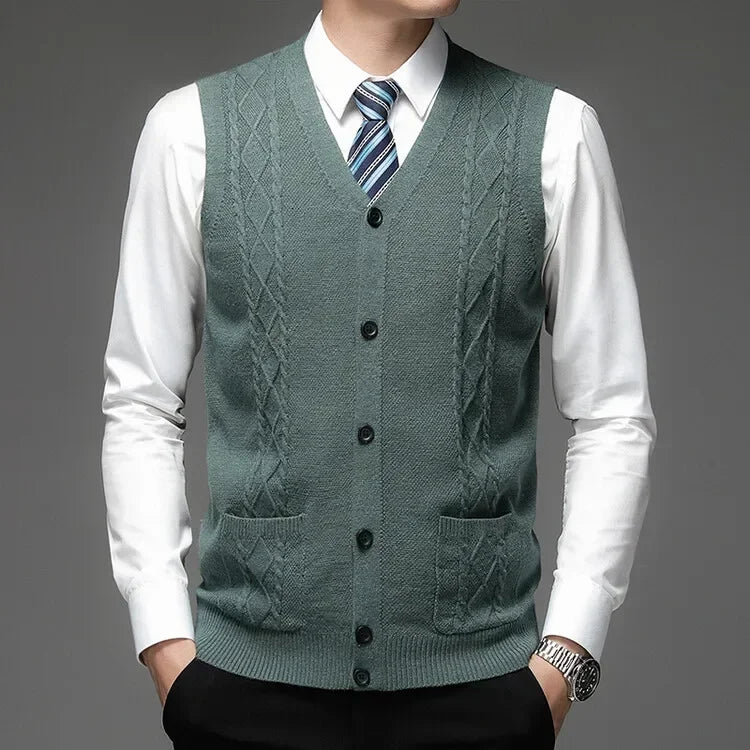 Men's Business Casual Pullover Wear Warm Sleeveless Velvet Knitted Sweater Vest Tops
