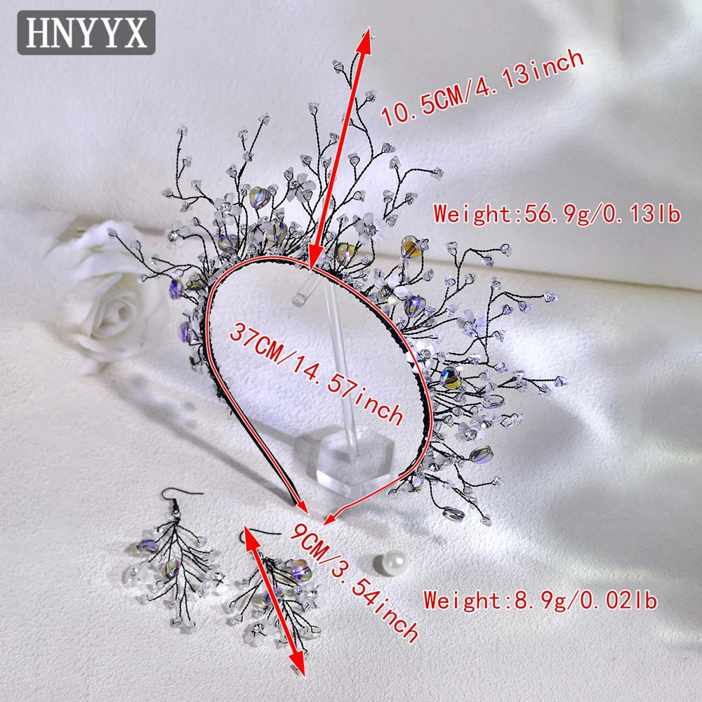HNYYX Fashion Rhinestone Crown Women's Hair Accessories Earrings Set Handmade Jewelry Princess Hair Tiara Headband Gift A243